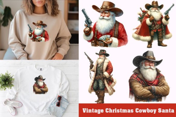 Vintage Christmas Cowboy Santa Clipart for Embroidery Projects